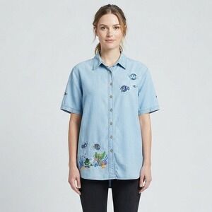 Vtg Passion Women 2X Denim Embroidered Tropical Fish Button Down Shirt Cotton
